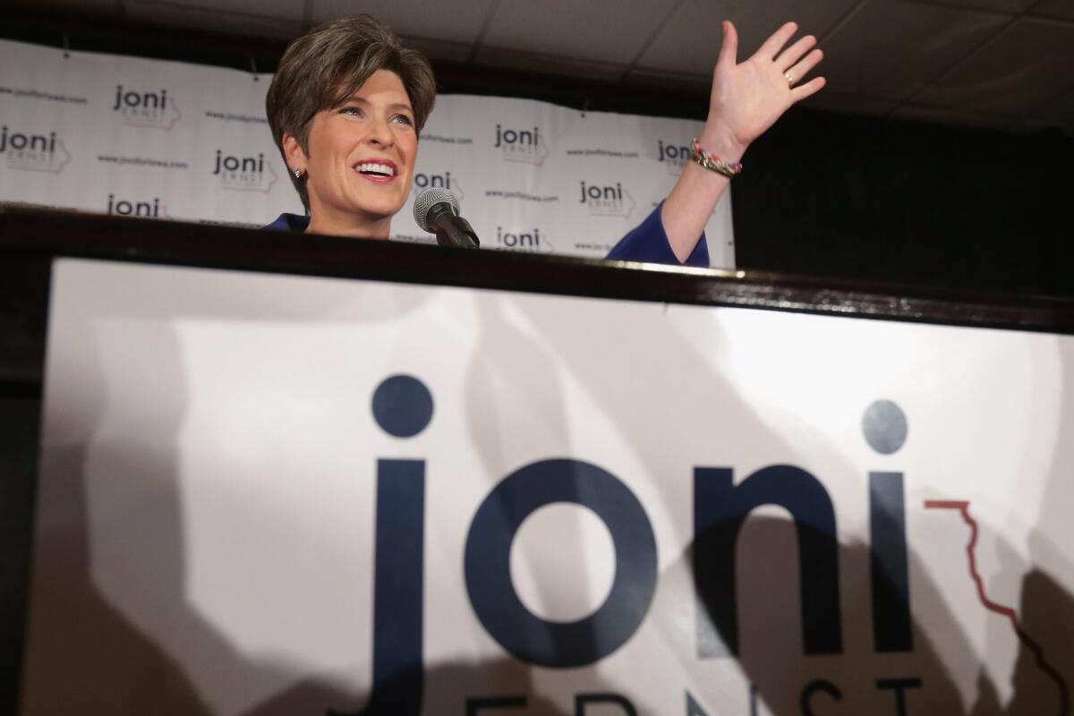In West Des Moines, Republican U.S. Senator-elect Joni Ernst thanks her supporters.