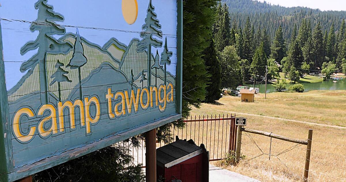 The entrance to Camp Tawonga in Groveland, Calif., is shown. One person was killed and four others were injured when a large tree fell at the youth camp near Yosemite National Park. No children were hurt.
