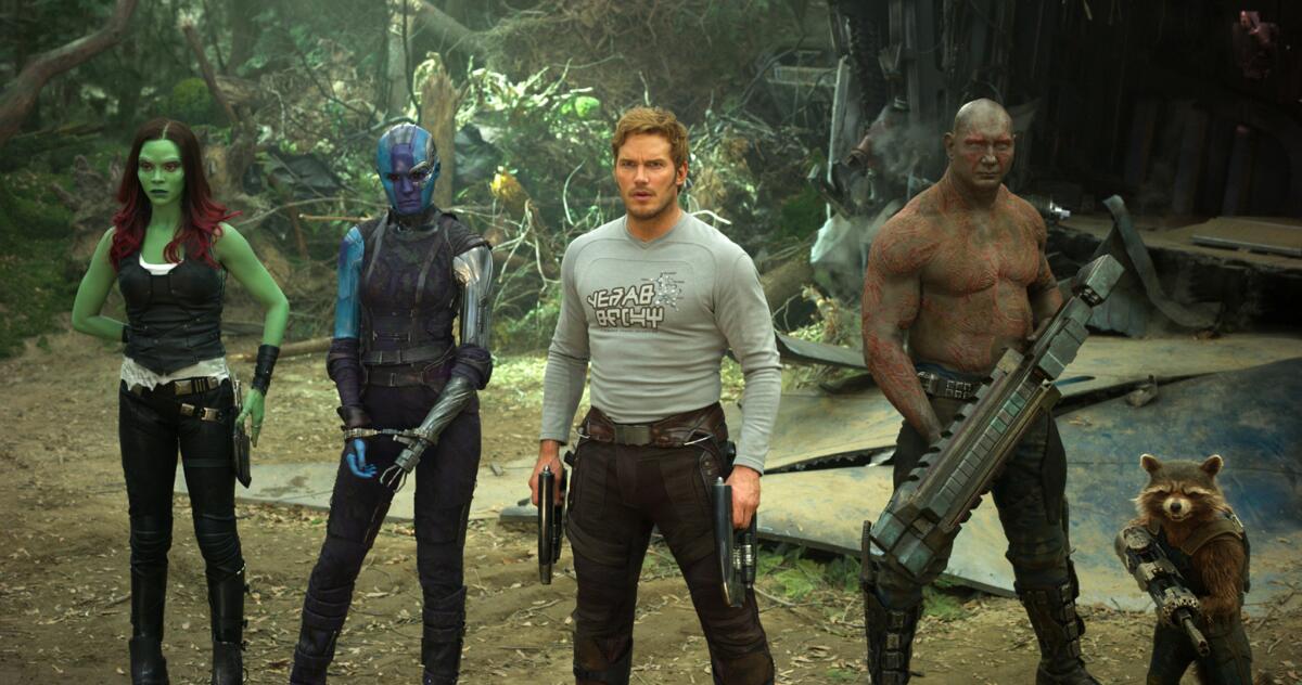 Gamora (Zoe Saldana), Nebula (Karen Gillan), Star-Lord/Peter Quill (Chris Pratt), Drax (Dave Bautista) and Rocket (voiced by Bradley Cooper) in "Guardians of the Galaxy Vol. 2." (Chuck Zlotnick / Marvel Studios)