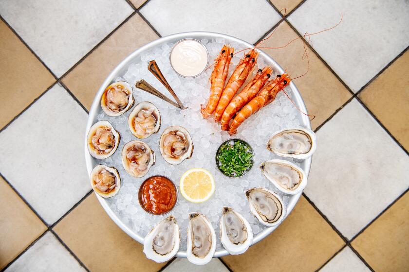LOS ANGELES, CA- January 21, 2020: A tray of oysters, clams and prawns from Found Oyster on Tuesday, January 21, 2020. (Mariah Tauger / Los Angeles Times)