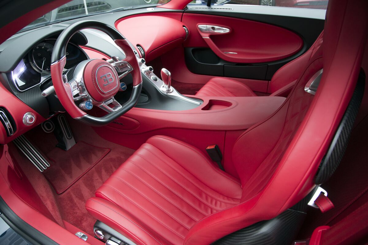 The interior of the Bugatti Chiron is available in 31 leather colors. Each hand-stitched interior requires 16 hides to complete. (Myung J. Chun / Los Angeles Times)