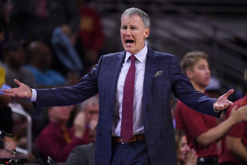 Southern California head coach Andy Enfield yells at a referee during the second half of an NCAA college basketball game against Washington Thursday, Feb. 13, 2020, in Los Angeles. USC won 62-56. (AP Photo/Mark J. Terrill)