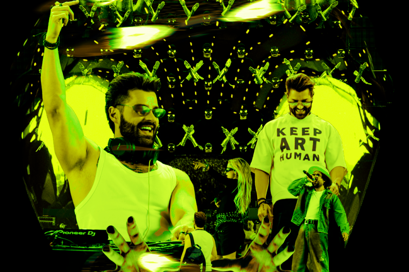 Collage of Dj Alok performing at Coachella 2025, with Ava Max and Zeeba
