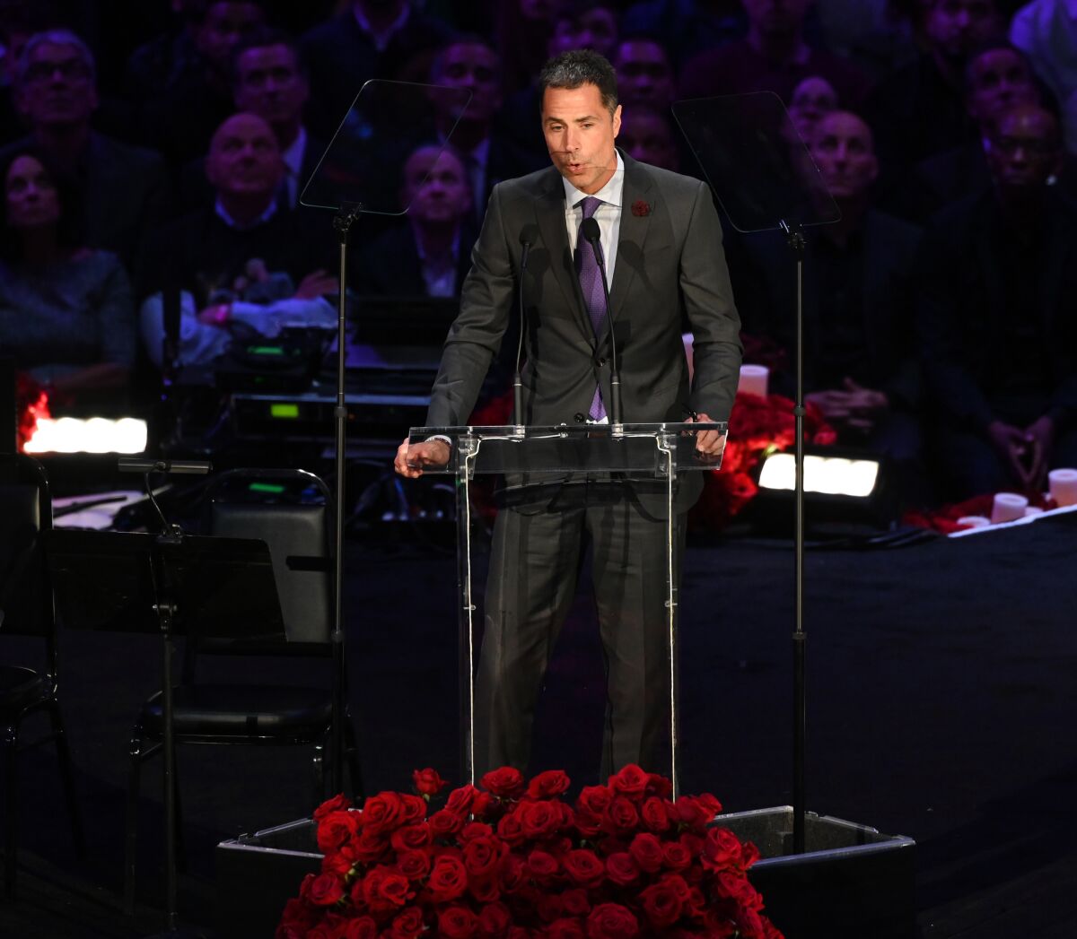 Rob Pelinka takes his turn to talk about Kobe and Gianna Bryant at the "Celebration of Life" at Staples Center.