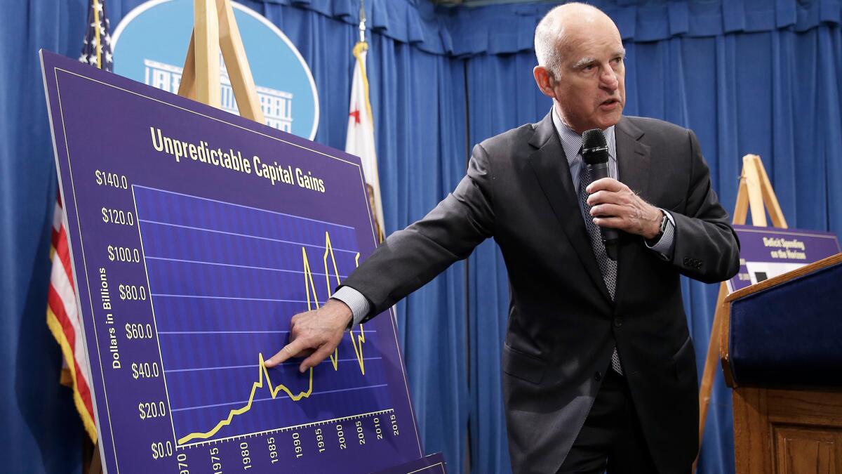 Gov. Jerry Brown points out swings in capital gains revenue during his revised 2016-17 budget presentation in May.