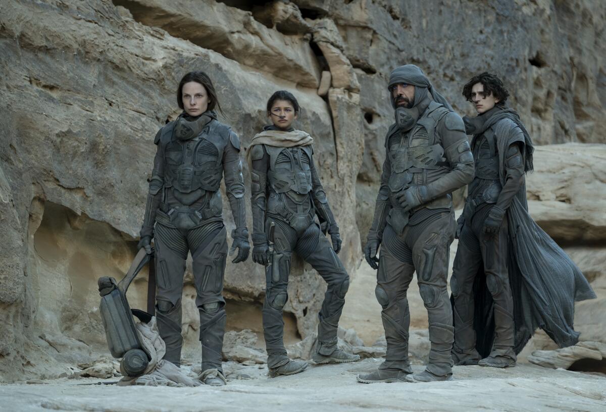 Rebecca Ferguson, Zendaya, Javier Bardem and Timothée Chalamet in a scene from 'Dune.'