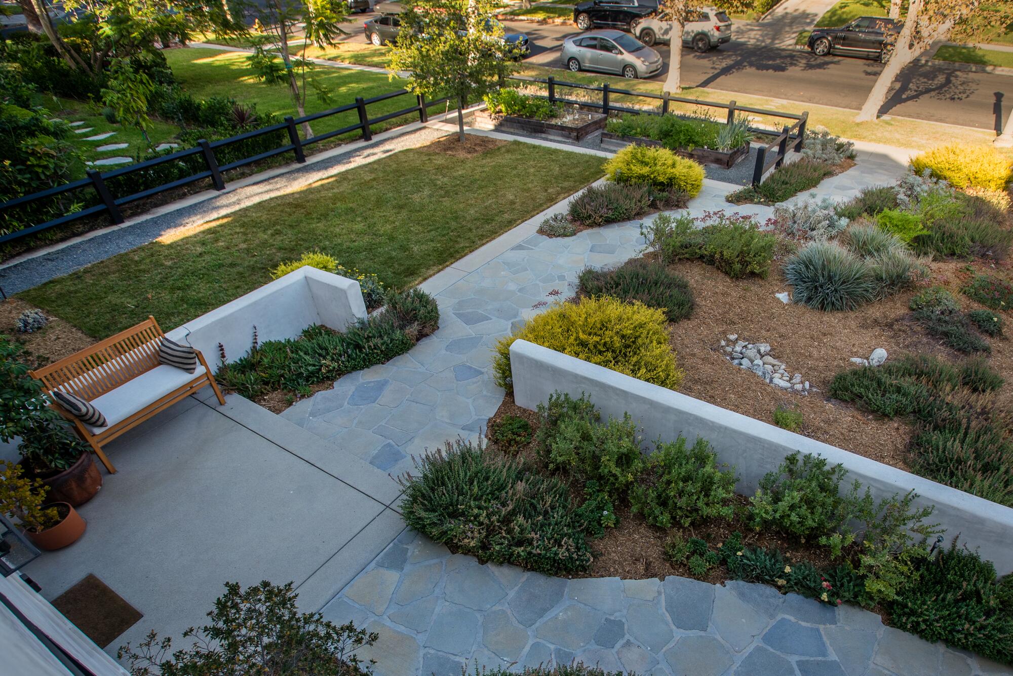 An overhead view of the Matloffs' garden and concrete pavers. 