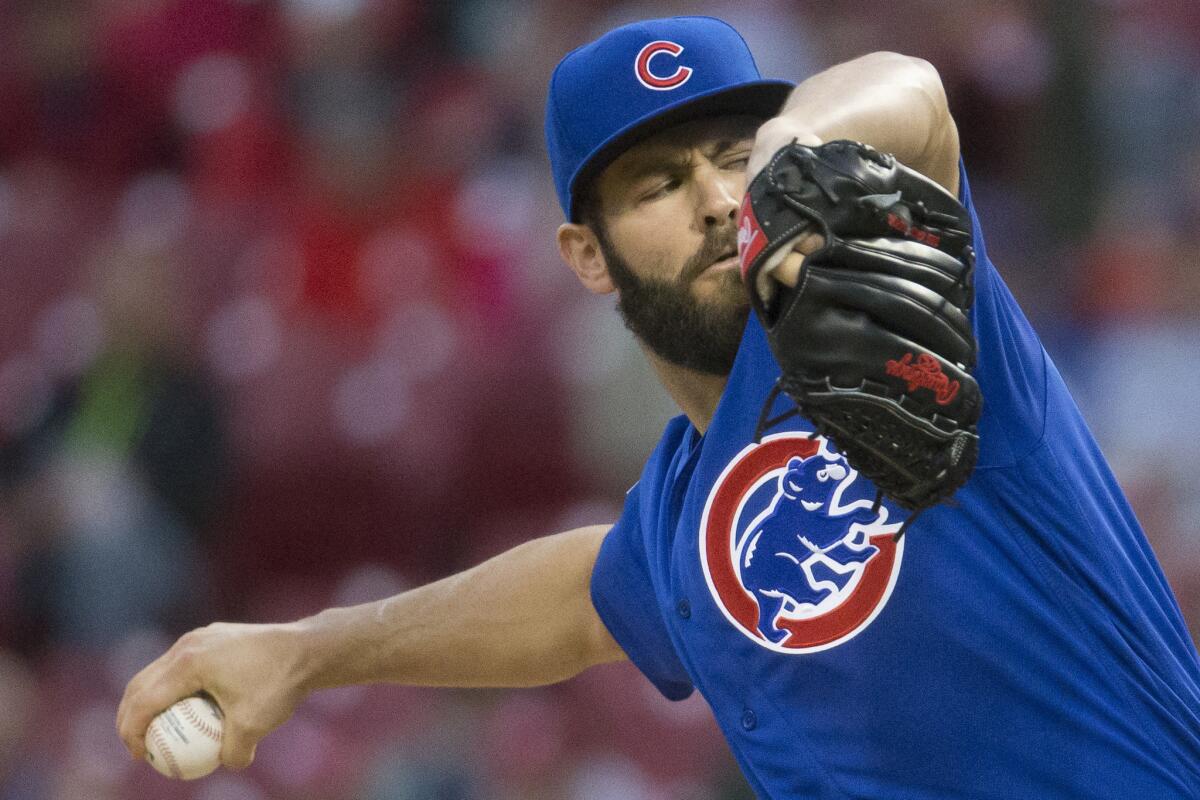Cubs starting pitcher Jake Arrieta throws in the first inning of his no-hitter against the Cincinnati Reds.