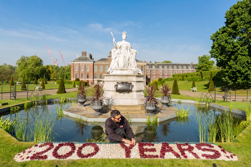 Gardener works on floral display at Kensington Palace