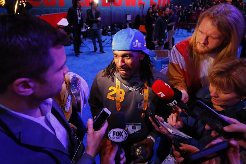 ATLANTA, GEORGIA - JANUARY 28: Nickell Robey-Coleman #23 of the Los Angeles Rams answers questions during Super Bowl LIII Opening Night at State Farm Arena on January 28, 2019 in Atlanta, Georgia. (Photo by Kevin C. Cox/Getty Images) ** OUTS - ELSENT, FPG, CM - OUTS * NM, PH, VA if sourced by CT, LA or MoD **