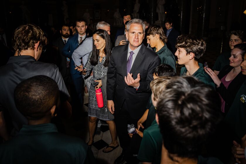 WASHINGTON, DC - MAY 22: Speaker of the House Kevin McCarthy (R-CA) speaks to a tour group visiting the U.S. Capitol in National Statuary Hall on Monday, May 22, 2023 in Washington, DC. (Kent Nishimura / Los Angeles Times)