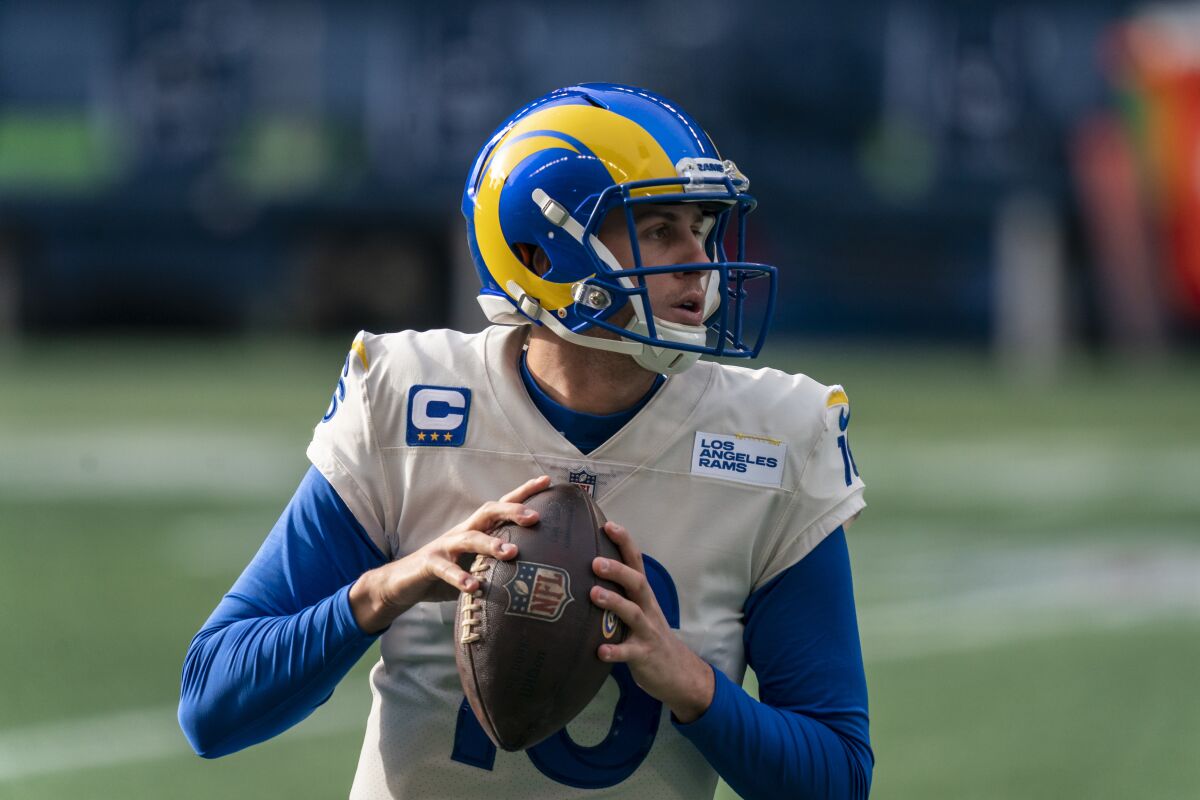 Rams quarterback Jared Goff passes the ball before playing against the Seattle Seahawks on Jan. 9.