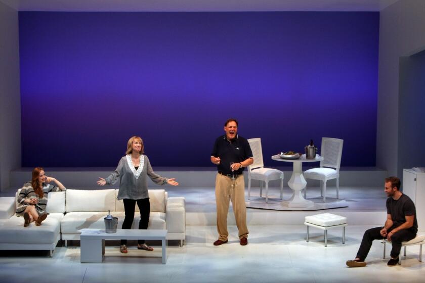 Jaime Ray Newman, from left, Kathy Baker, Chris Mulkey and James Van Der Beek perform in the U.S. premiere of Australian playwright Joanna Murray-Smith's, "The Gift" at the Geffen Playhouse in Westwood on Jan. 26, 2013.