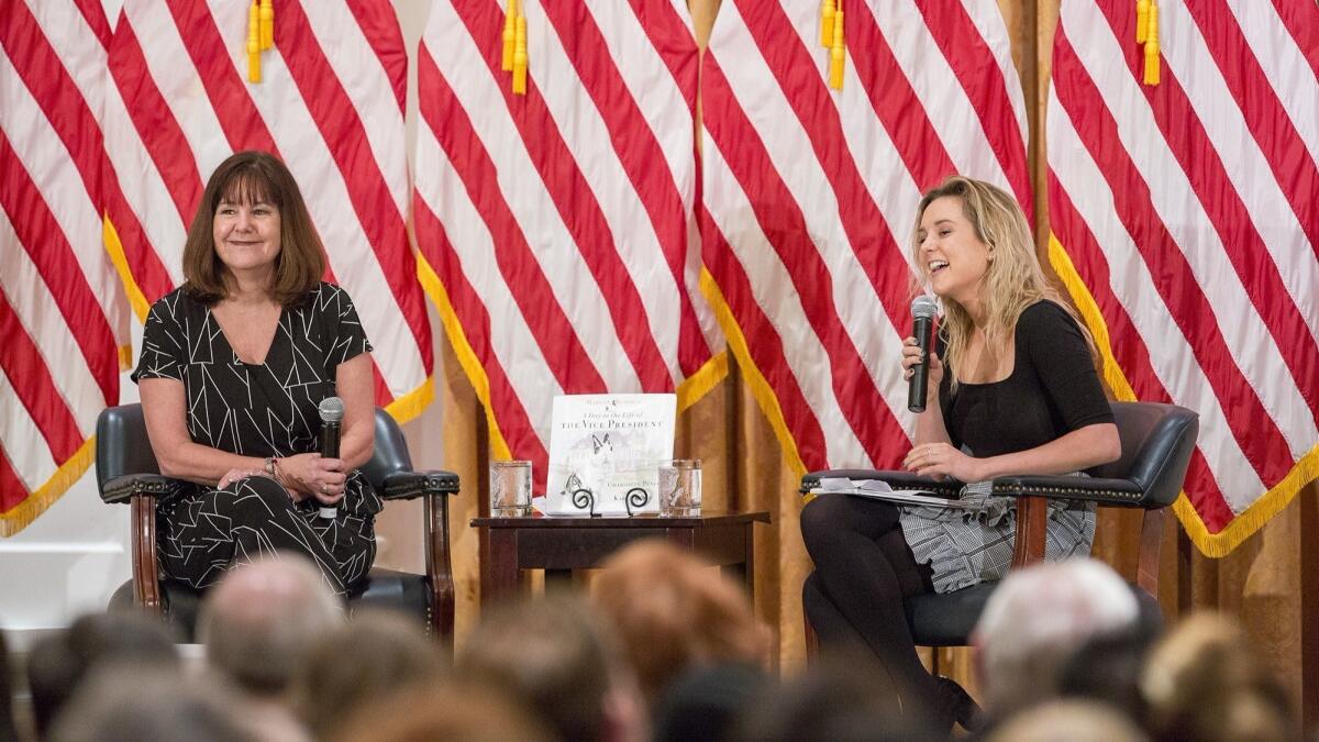 Second Lady Karen Pence, left, and her daughter Charlotte Pence speak at the Nixon Library on March 22. The visit was to promote their new book “Marlon Bundo’s A Day in the Life of the Vice President.”