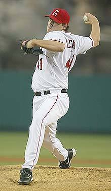 Los Angeles Angels of Anaheim starting pitcher John Lackey takes aim on the Texas Rangers.