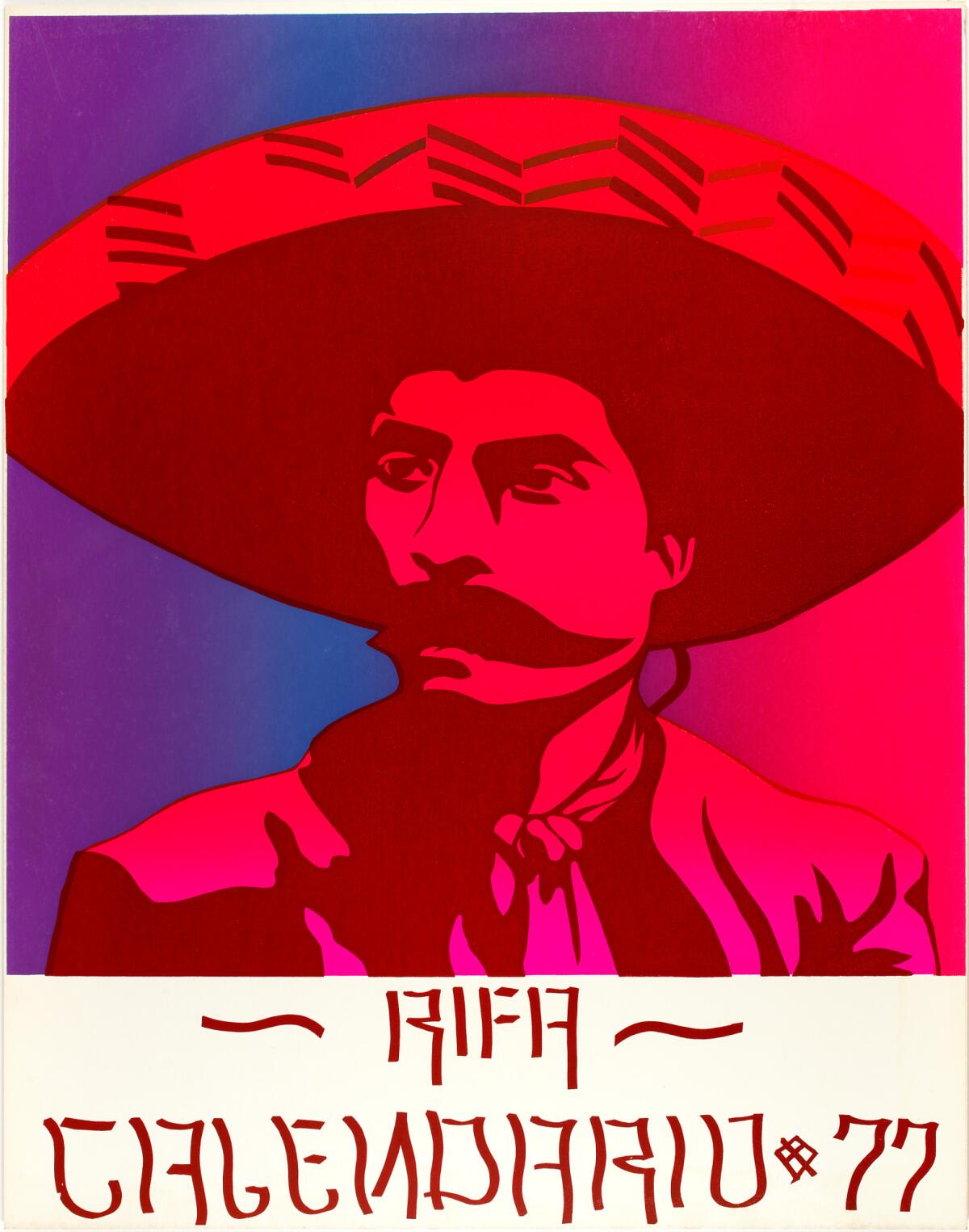 A poster shows Emiliano Zapata rendered in a stylized graphic design printed in shades of red and purple