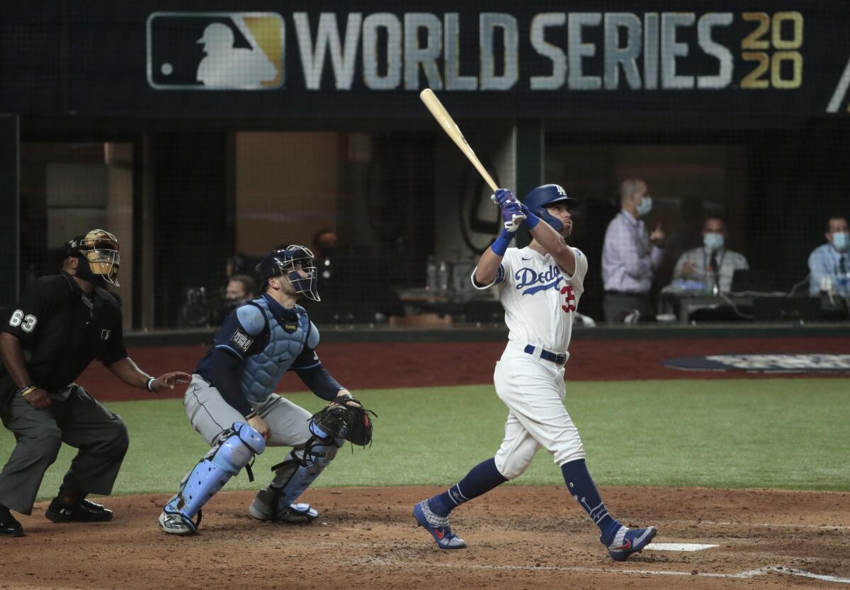 Dodgers center fielder Cody Bellinger homers in the fourth inning against the Tampa Bay Rays.