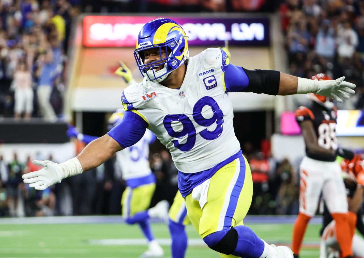 Rams defensive end Aaron Donald celebrates after pressuring Joe Burrow.