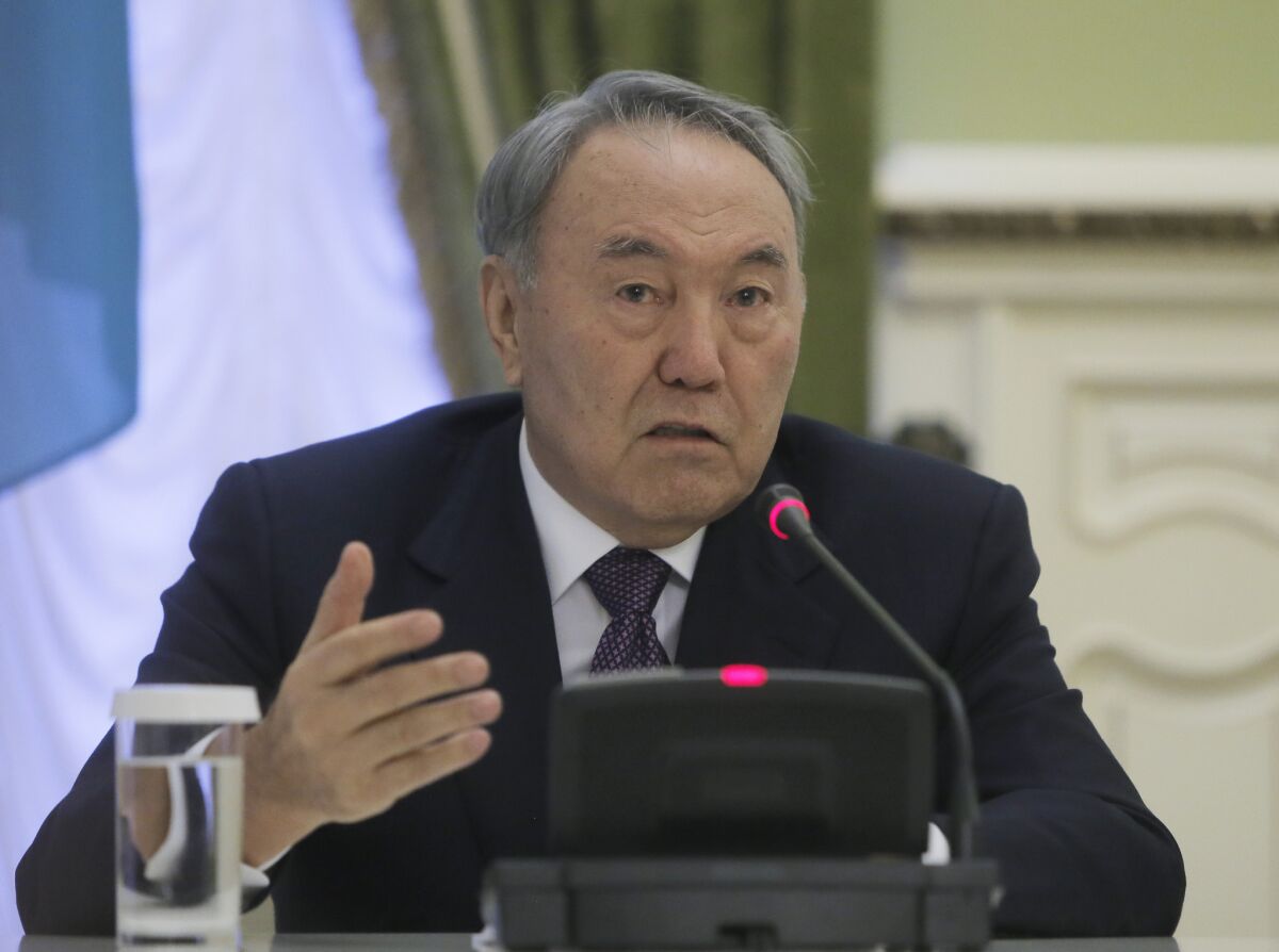 Kazakhstan President Nursultan Nazarbayev addresses the media in the Ukrainian presidential office in Kiev on Monday.