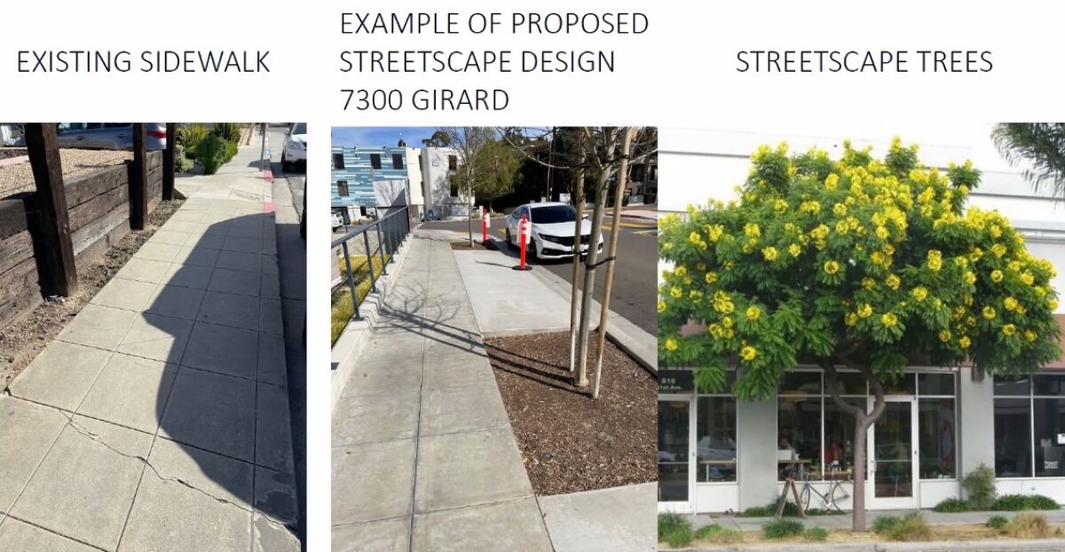 A side-by-side comparison shows the current conditions in front of 6825 La Jolla Blvd. and what is proposed.