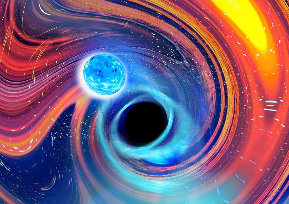 This illustration depicts a black hole swallowing a neutron star. 