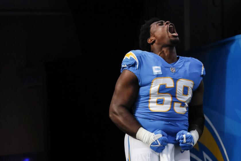 Chargers defensive tackle Sebastian Joseph-Day (69) takes the field during pregame introductions.