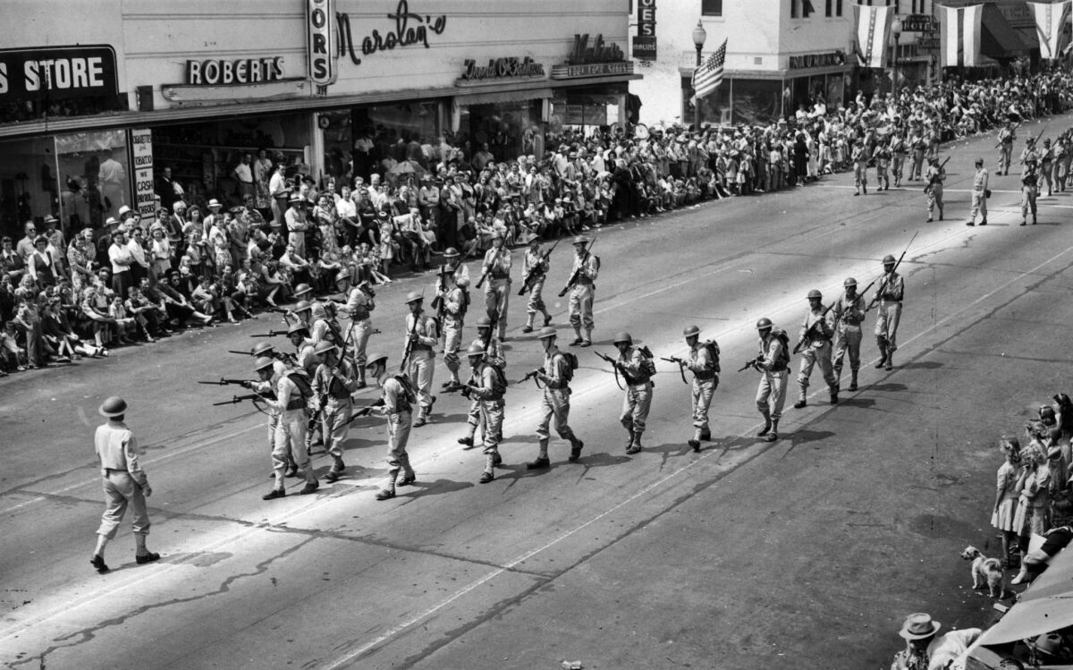 Sept. 4, 1944: California State Guard troopers demonstrate their training during El Monte's Labor Day parade.