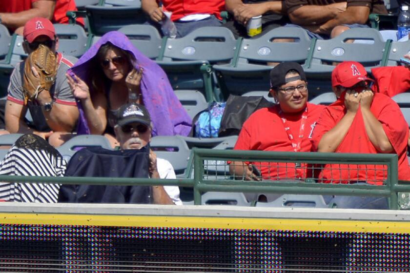Fans shield themselves from a swarm of bees in the outfield during the Angels-Mariners game on Sunday in Anaheim.