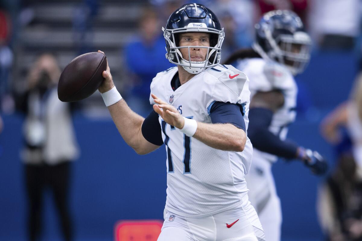 Tennessee Titans quarterback Ryan Tannehill (17) throws to the sidelines.