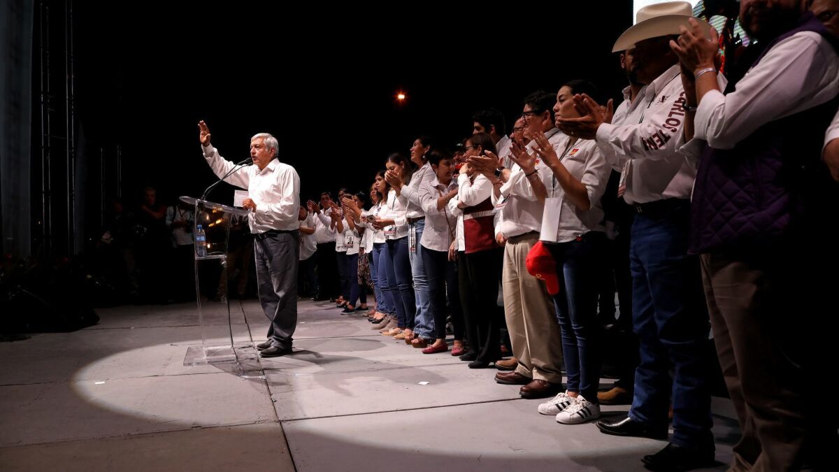 Andres Manuel Lopez Obrador, the front-runner in Mexico's presidential race, speaks at a campaign rally in the city of Chihuahua this month.