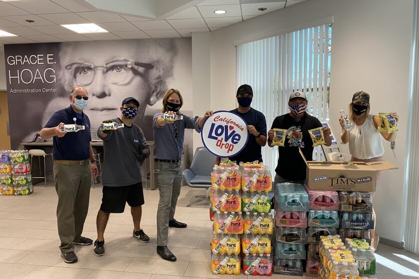 The California Love Drop crew deliver drinks and snacks to healthcare workers at Hoag Hospital in Irvine on July 2020.
