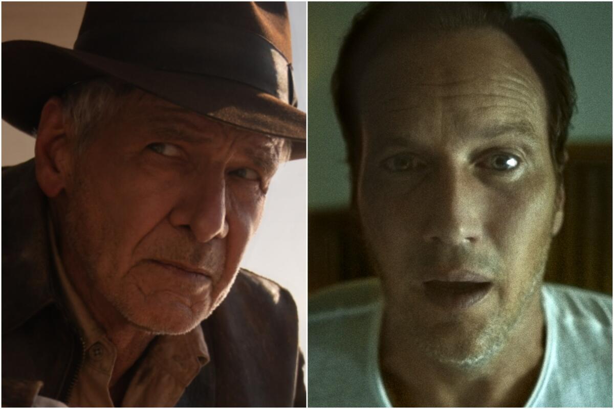 A split image of Harrison Ford in a brown fedora and Patrick Wilson in a white T-shirt.