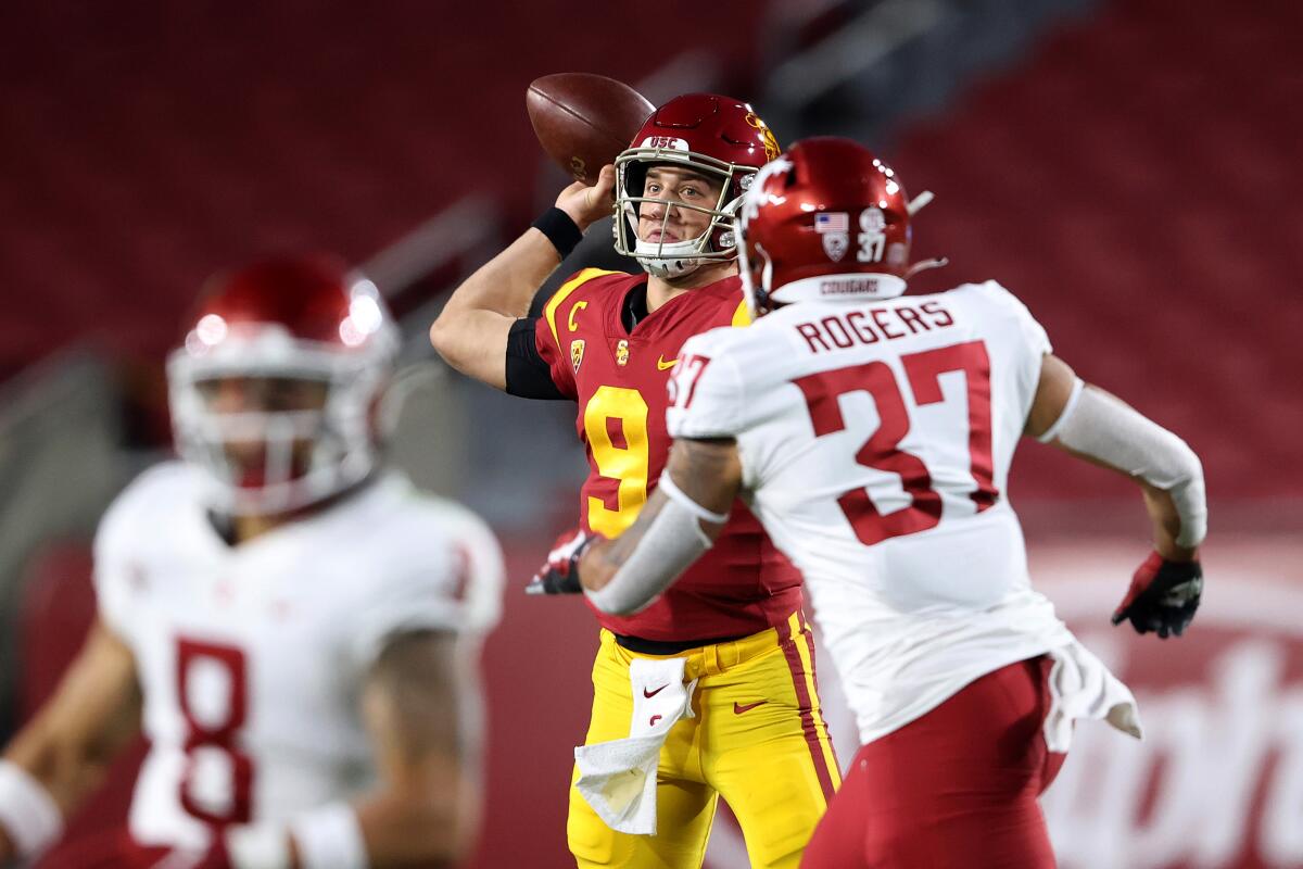 USC quarterback Kedon Slovis passes during the Trojans’ 38-13 win over Washington State on Sunday