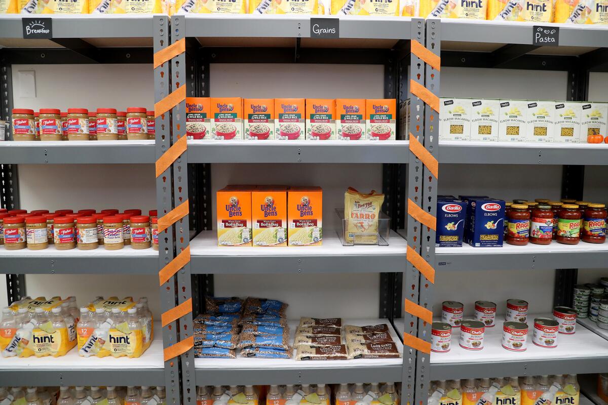 Breakfast items, grains and pasta are in stock at the newly opened Titan Student Union food pantry at Cal State Fullerton.