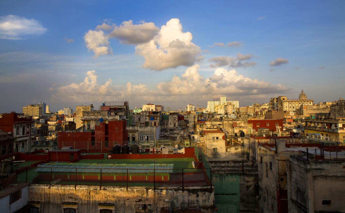 A view of the skyline toward Old Havana from a restaurant rooftop bar.