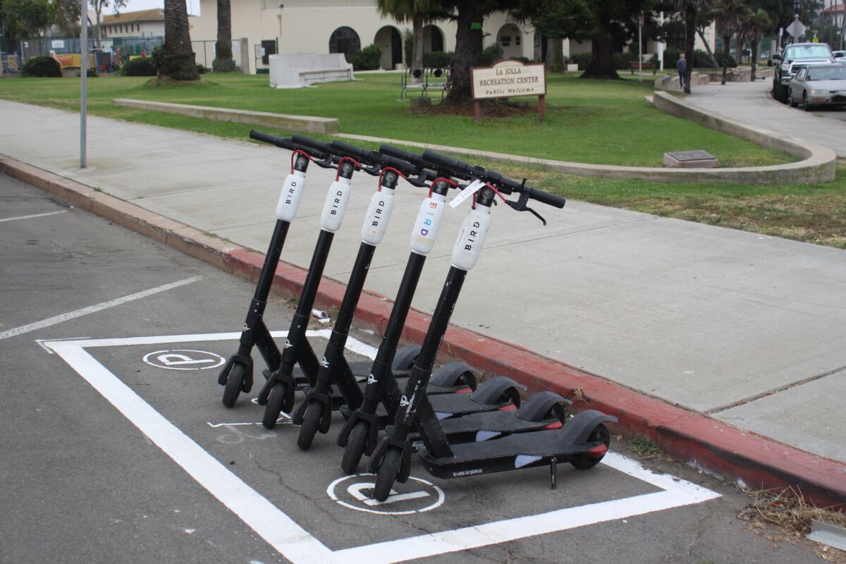More than 40 scooter corrals are installed throughout the Village of La Jolla in August 2019 by the City of San Diego. Pictured is a scooter corral in front of La Jolla Recreation Center.