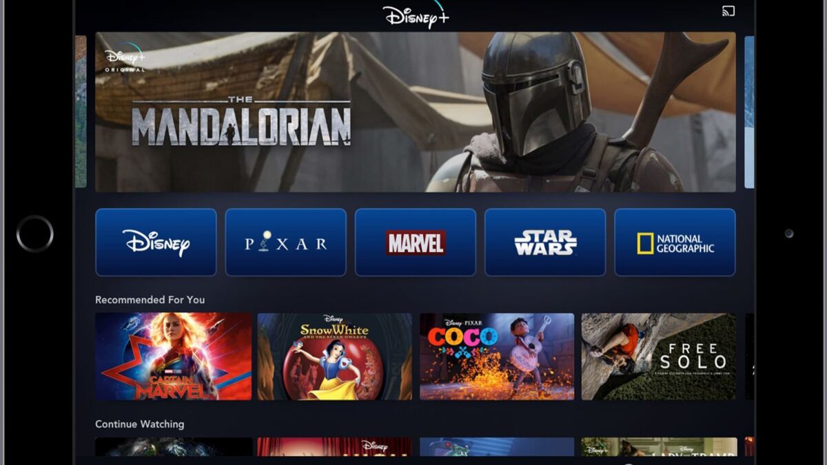 The Disney+ home screen, shown on a tablet. 