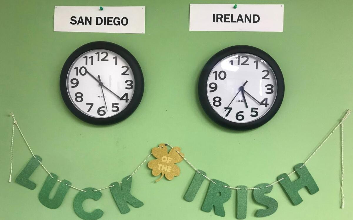 Instead of eight hours difference, these Irish Outreach Center clocks show seven. Ireland observes DST two weeks later.