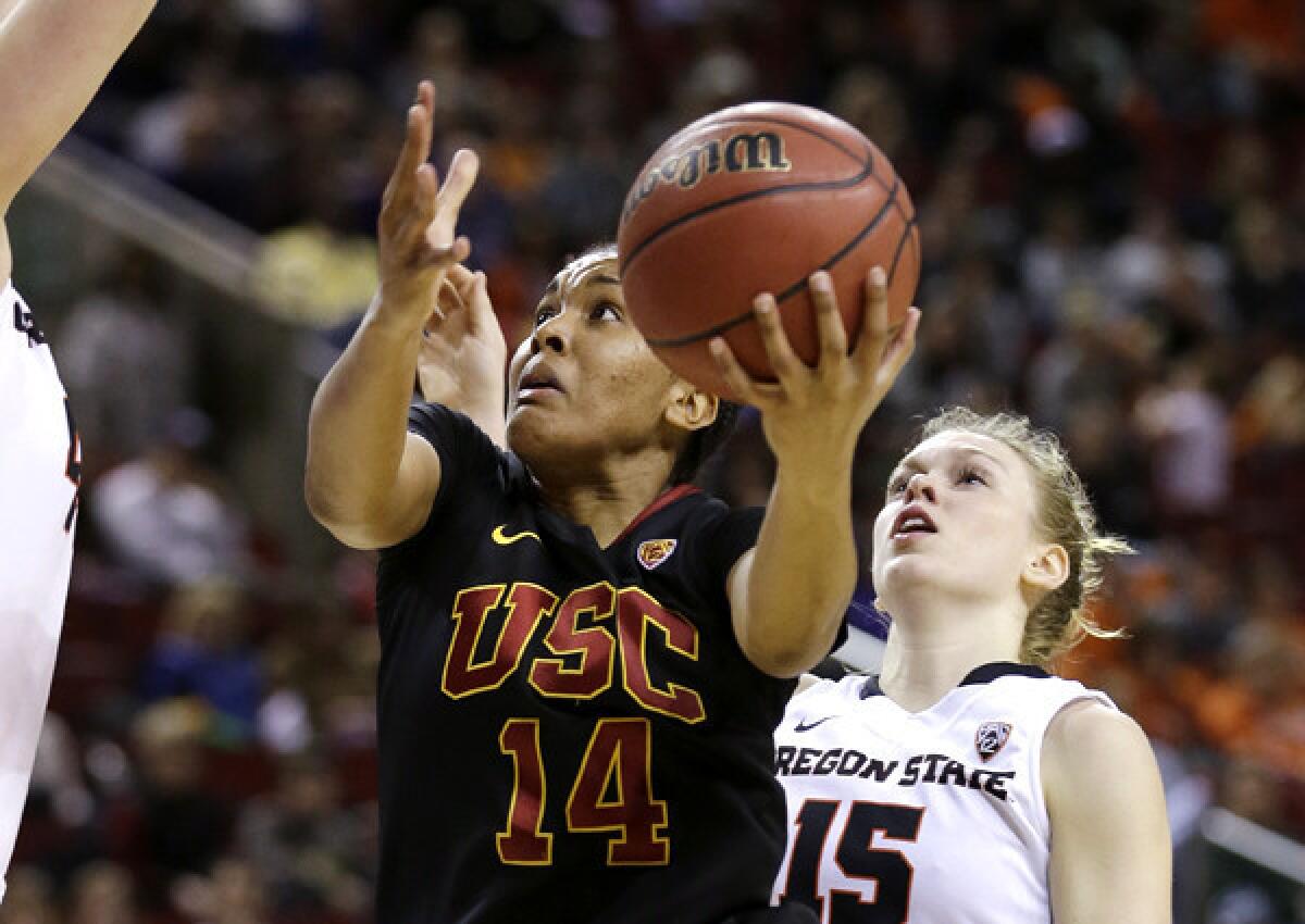 Ariya Crook (14) will lead Pac-12 tournament champion USC into the NCAA tournament.