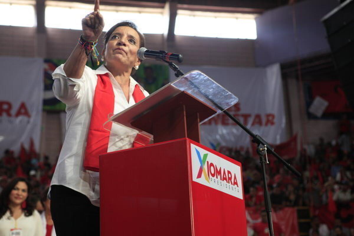 Presidential candidate Xiomara Castro speaks during a convention by the Free party in Tegucigalpa, Honduras.