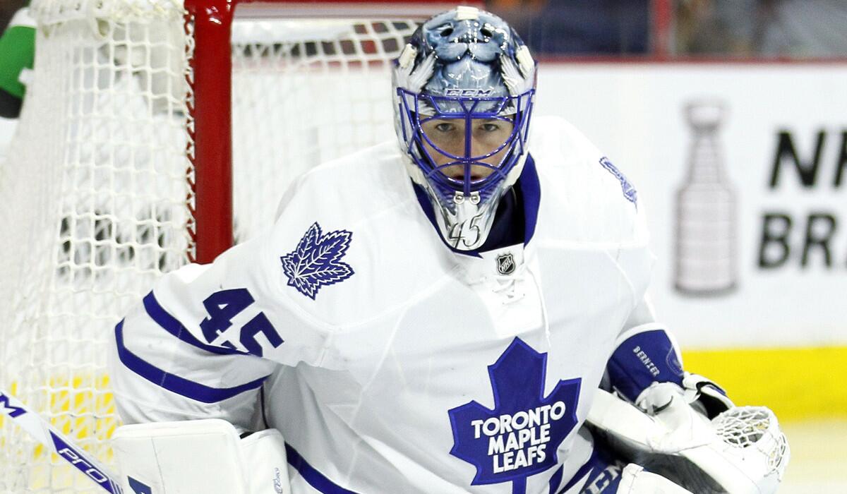 Former Toronto Maple Leaf goalie Jonathan Bernier watches the action during a game against the Philadelphia Flyers on April 7. The Ducks have acquired Bernier from Toronto in exchange for a conditional draft pick in 2017.