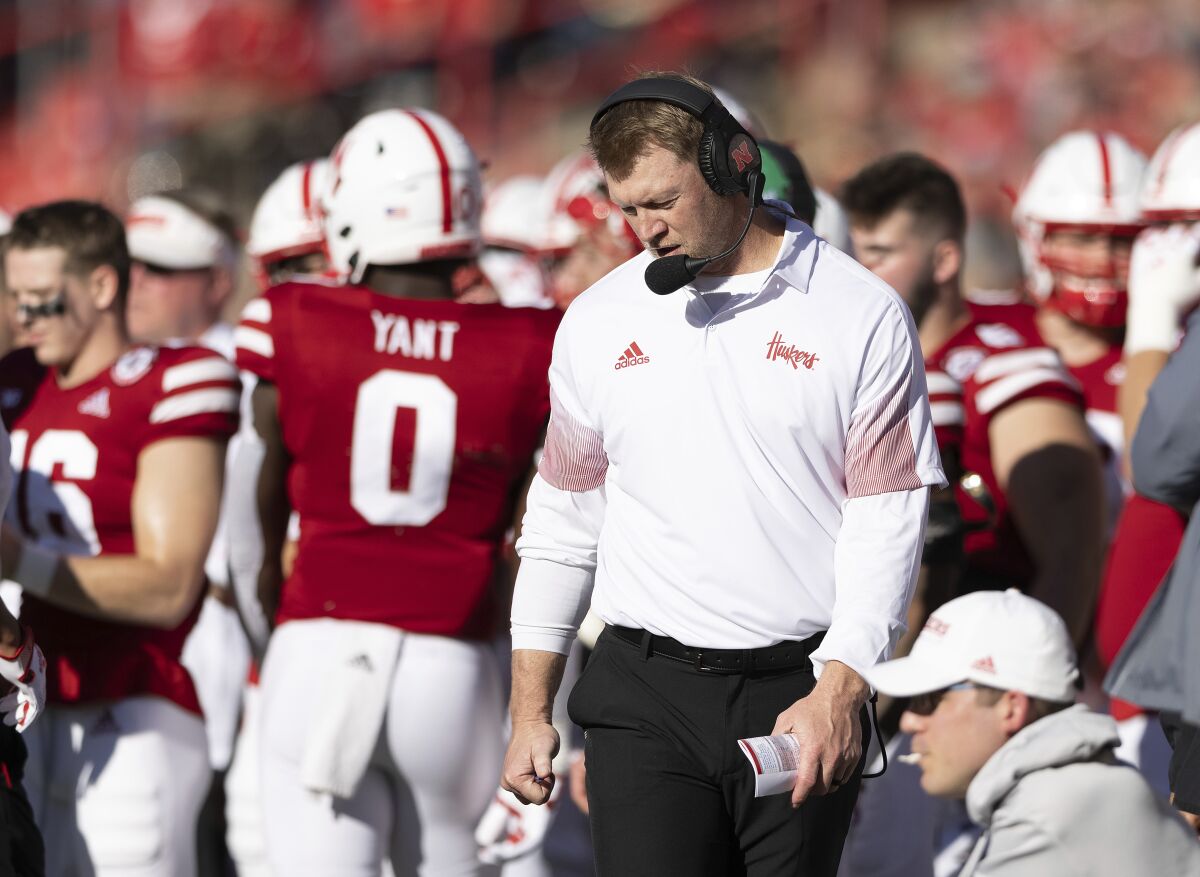 Nebraska head coach Scott Frost walks the sideline between plays against Purdue in the first half of an NCAA college football game Saturday, Oct. 30, 2021, at Memorial Stadium in Lincoln, Neb. (AP Photo/Rebecca S. Gratz)