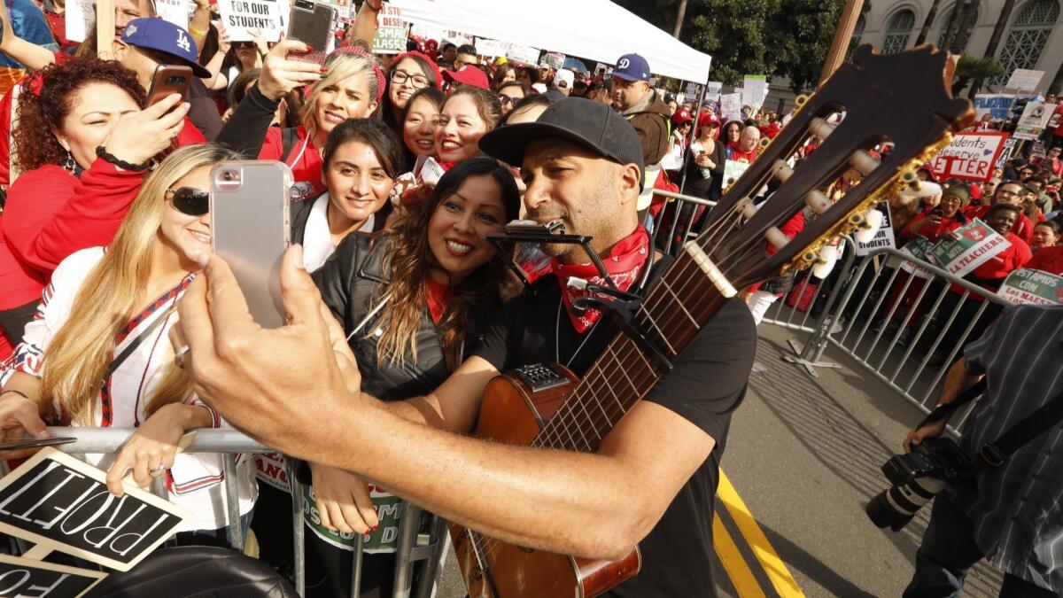 Tom Morello with teachers as United Teachers Los Angeles rallied during their recent strike in Los Angeles.