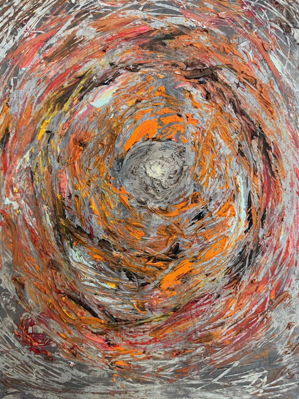 "Tunnel of COVID," a painting with swirls of gray, black, red and orange, by Dr. Michael Gibson.
