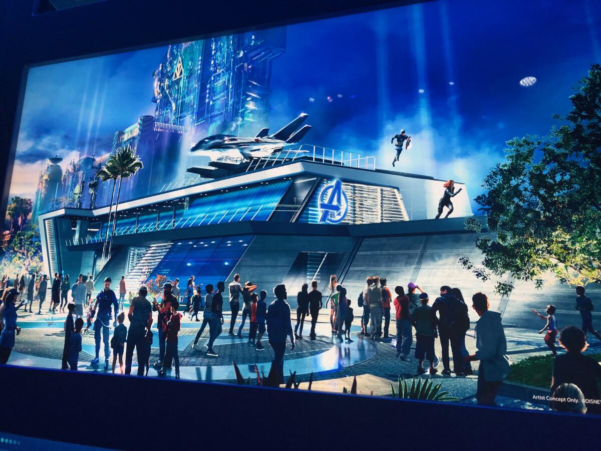 Disney concept art of the Avengers Campus shown at D23 Expo in Anaheim.