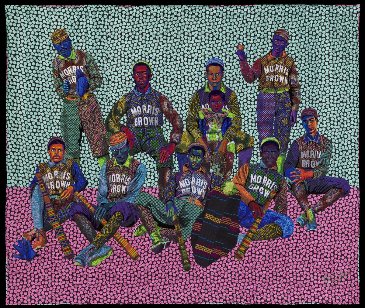 Colorful quilt with men wearing jackets that say "Morris grown"