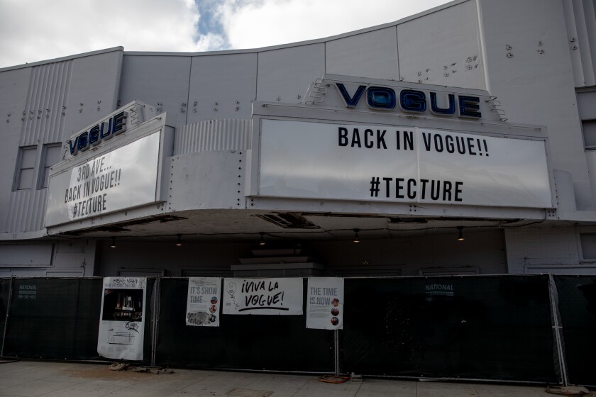 The front of the Vogue Theater at Third Avenue in Chula Vista, as seen on Thursday, Dec. 2, 2021.