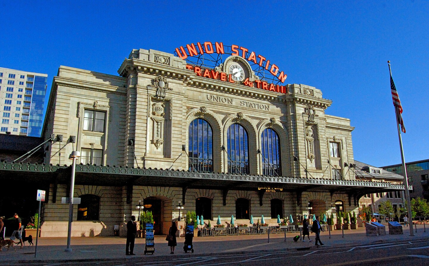 Denver Union Station's Wynkoop Street facade, The iconic neon sign dates from 1952.