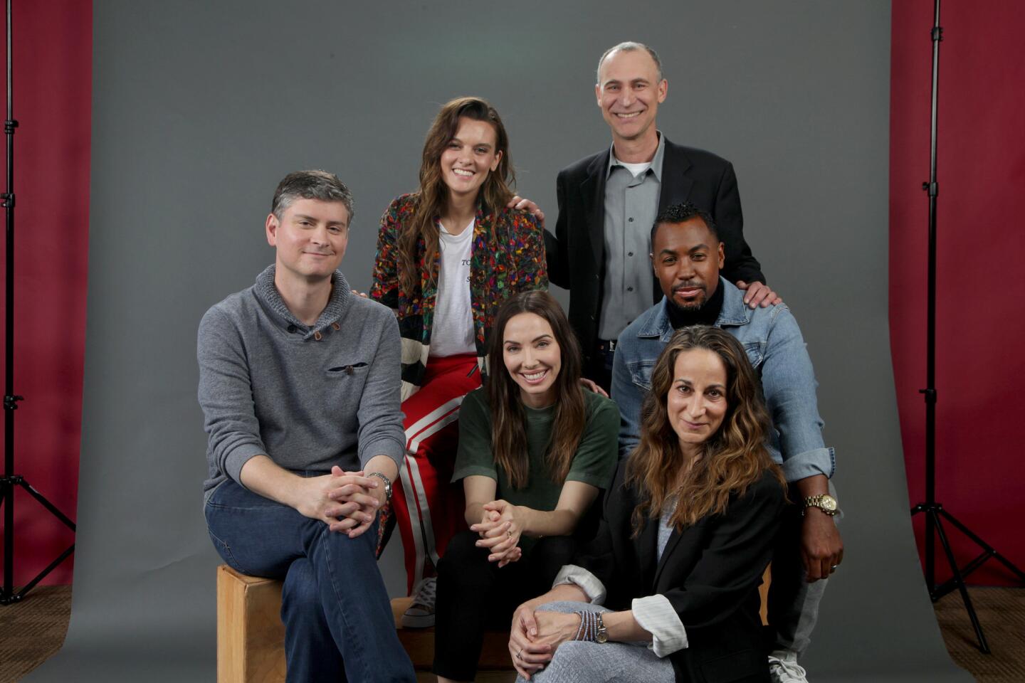 The Envelope's annual Emmy Roundtable invites TV showrunners to talk about the industry and their shows. Clockwise from left: Mike Schur ("The Good Place"), Frankie Shaw ("SMILF"), Joel Fields ("The Americans"), Prentice Penny ("Insecure"), Laeta Kalogridis ("Altered Carbon") and Whitney Cummings ("Roseanne").