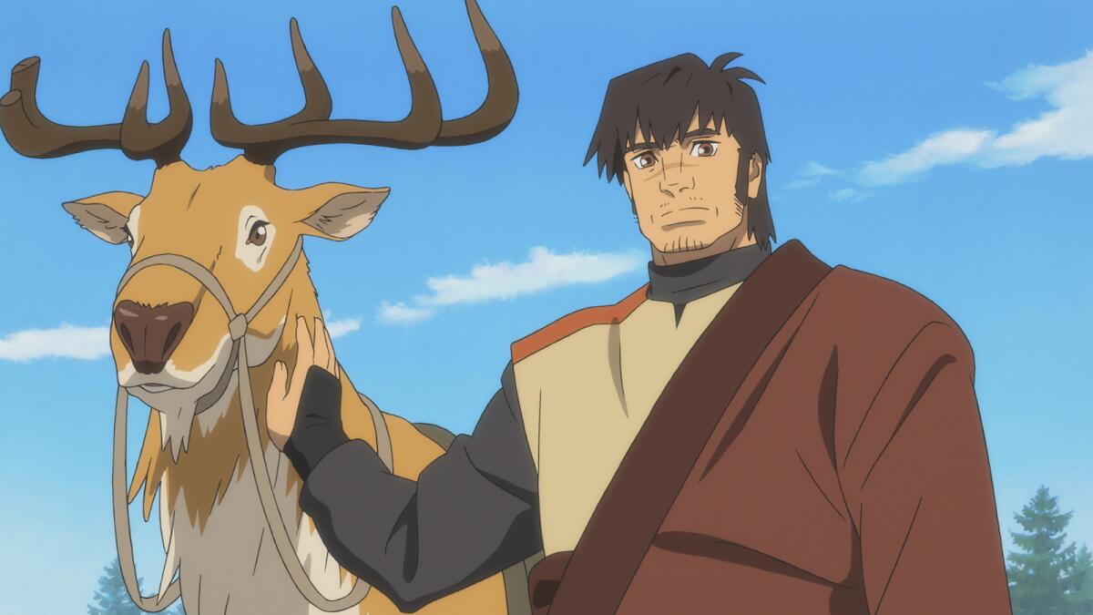 A deer and a man in the animated movie "The Deer King."